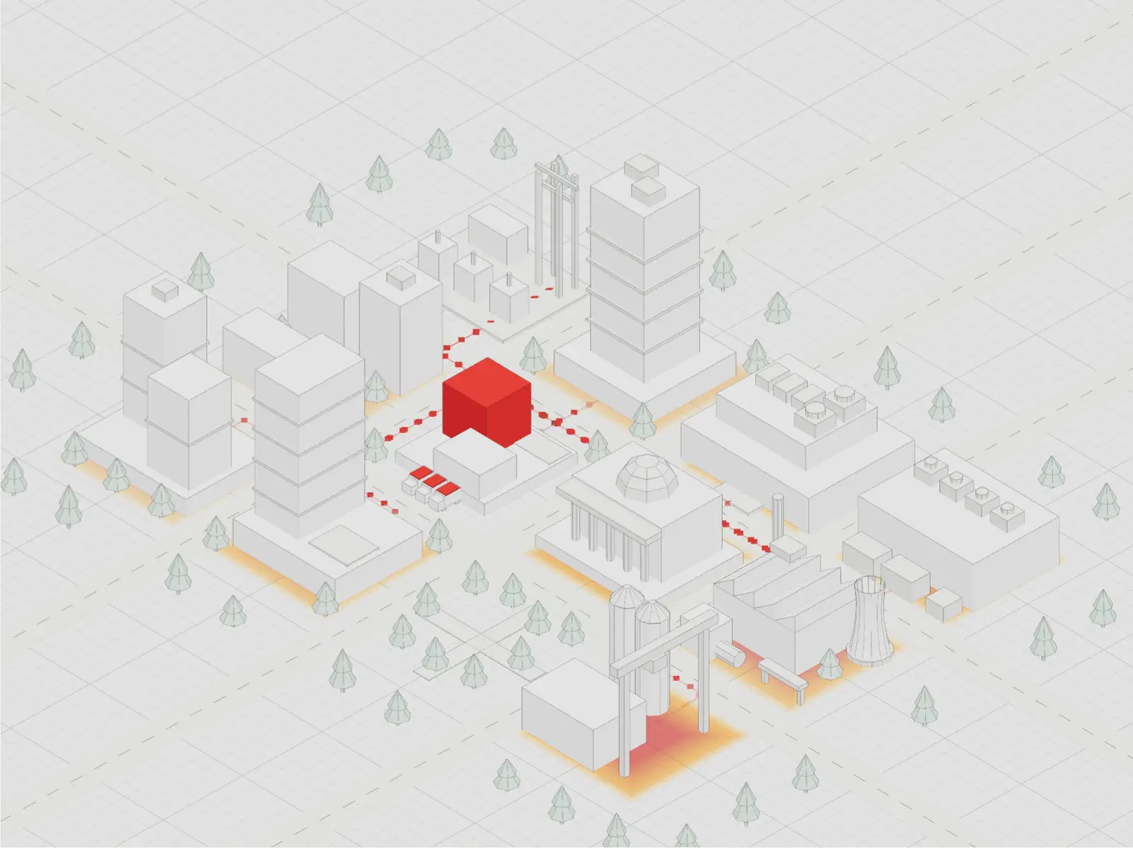 Isometric district of factories with a cooling tower, offices, a mall and a campus around 2R HQ, with trees and energy lines from a substation